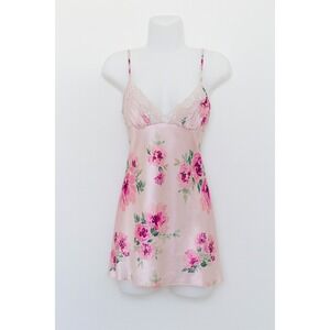 Y2K Floral Slip Dress Womens Size M Pink Satin Lace Mini‎ Cami Cottage Coquette
